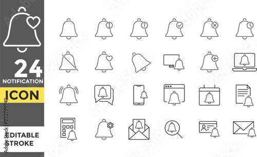 Notification Editable line stroke  icon set. ringing bell and notification number sign. Pixel perfect. smartphone application alert. bell ring notification alert. reminder notification icon collection