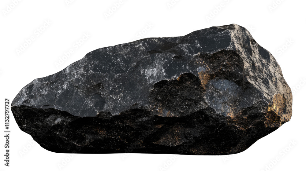 Fototapeta premium Dark Volcanic Rock: A large, imposing black rock, rough-textured and seemingly ancient, sits isolated against a plain background. Ideal for concepts related to strength, nature.