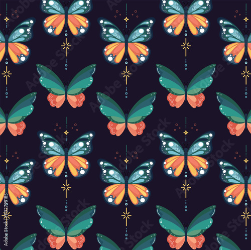 Mystic Boho insect and butterfly seamless pattern illustration featuring magical moth elements. Esoteric retro butterflies on a neutral colored background