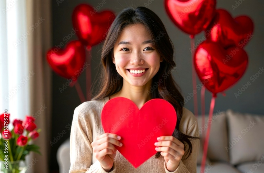 Portrait of Happy Young Asian Woman with Red Heart. Beautiful asian female smiling and holding heart-shaped paper Valentine, in modern living room, a festive atmosphere Portrait of Happy Young Asian Woman with Red Heart. Beautiful asian female smiling and holding heart-shaped paper Valentine, in modern living room, a festive atmosphere