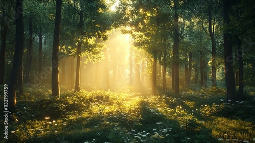 Captivating Warm Sunlight Filtering Through Dense Forest Trees Creating a Serene Atmosphere for Nature Lovers and Outdoor Enthusiasts