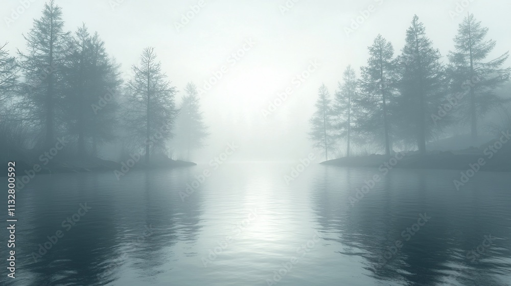 Obraz premium Misty lake, serene landscape, foggy trees.
