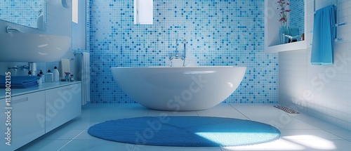 Spacious Chic Bathroom with White and Blue Mosaic Tiles, Bathtub Design photo