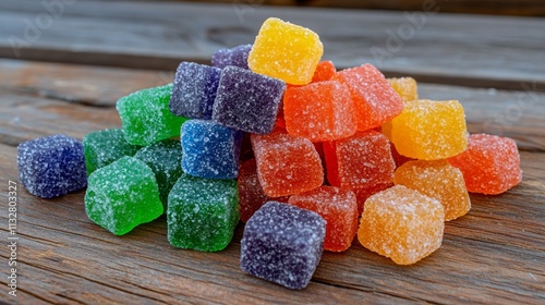 Colorful gummy candies piled on a wooden surface create a vibrant display of sweetness and texture photo