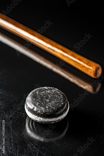 Black air hockey puck and wooden stick on a glossy table during a competitive indoor game photo