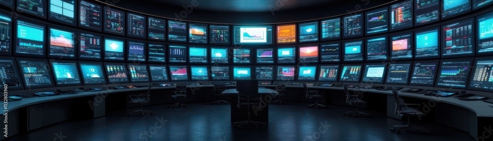 Naklejka premium A high-tech control room filled with multiple screens displaying various data and visuals, designed for monitoring and analysis.