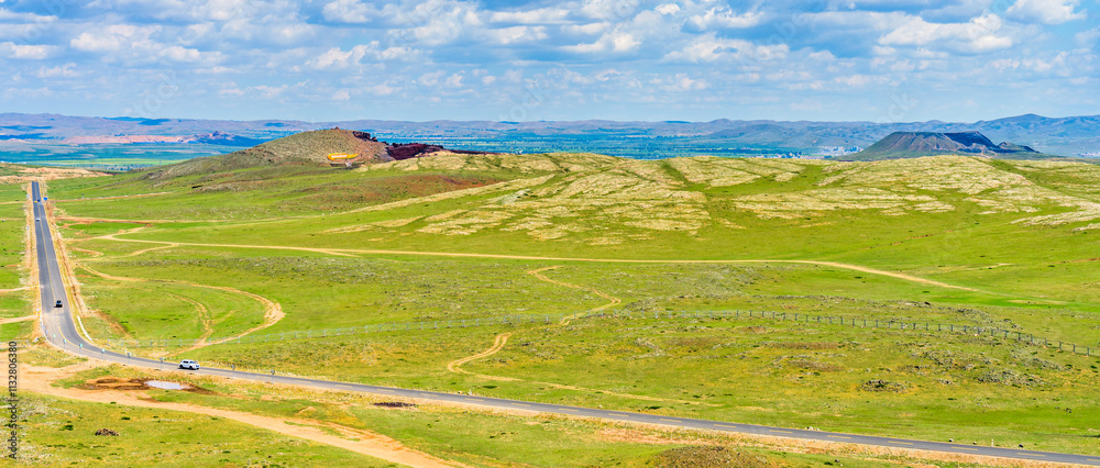 Naklejka premium Ulanqab Ulanhada Volcanic Grassland Highway in Ulanqab, Inner Mongolia, China
