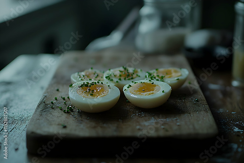 Sliced hard-boiled eggs with chives on rustic wooden board. photo