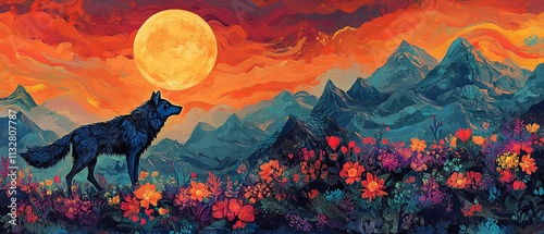 A vibrant wolf silhouette traverses a colorful, swirling landscape of mountains and flowers, illuminated by the glow of the moon, showcasing surreal, dynamic AI art photo