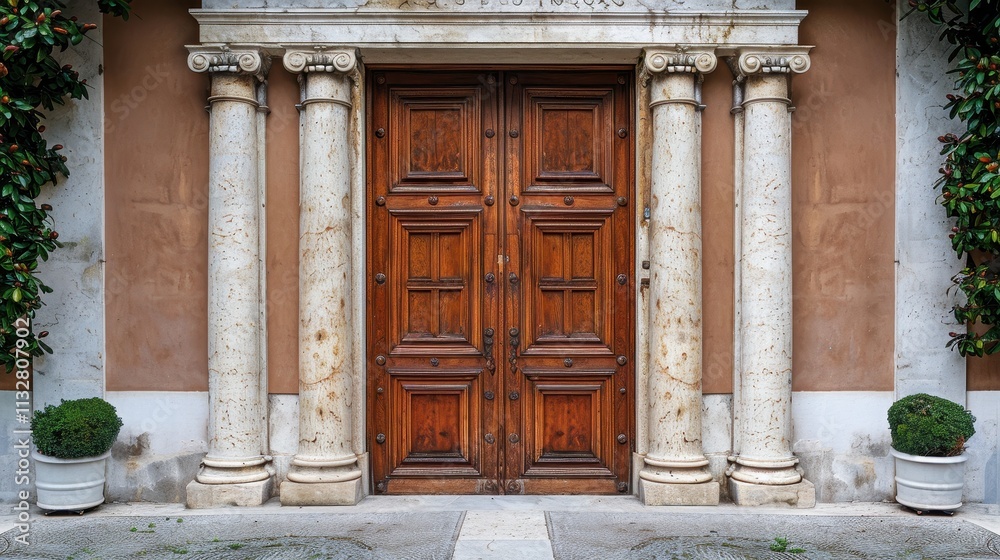 Fototapeta premium Ornate Wooden Doorway Framed by Elegant Stone Columns