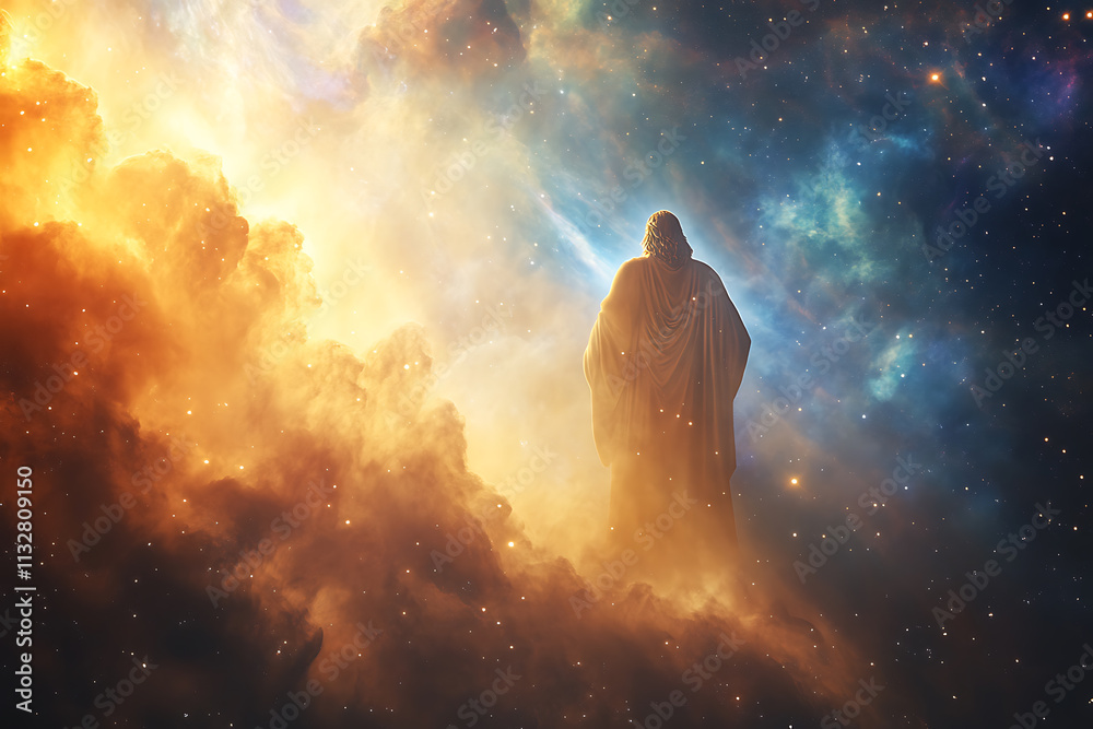 Obraz premium Celestial Ascension Divine Figure in Cosmic Nebula A Spiritual Journey Through the Heavens