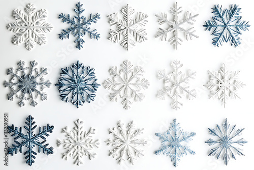 Variety of Unique Snowflakes with Symmetrical Designs for Winter and Christmas. photo