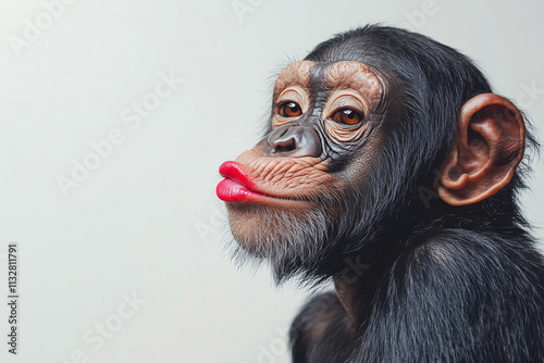 funny chimpanzee with red kissing lips on white background, Valentine's day, love, for advertising photo