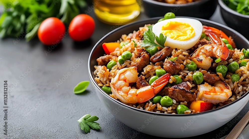 Colorful Fried Rice with Shrimp Eggs and Scallions in Minimalist Presentation Colorful Fried Rice with Shrimp Eggs and Scallions in Minimalist Presentation