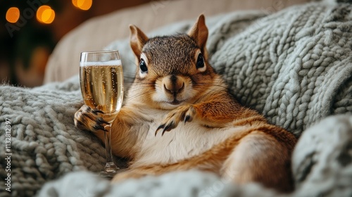 funny squirrel with glass of champagne is lying on the couch relaxing at home background, hangover concept, alcoholic delirium photo