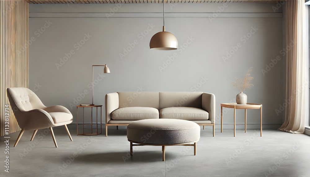 Fototapeta premium Minimalist Living Room with Neutral Color Palette and Pendant Light
