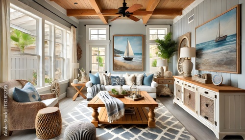 Cozy Living Room with Nautical Theme and Sailboat Painting photo