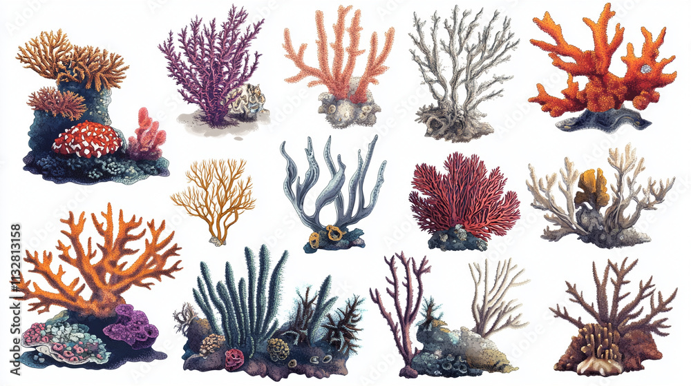Naklejka premium Colorful Coral Reef Set Featuring Marine Structures, Perfect for Ocean-Themed Projects