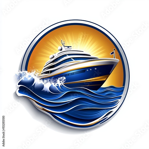 Round isolated logo Luxury Yacht with Blue and White Accents Cutting Through Waves Under Radiant Sun. Bold Maritime Design with Golden Highlights and Dramatic Ocean Waves. AI generated