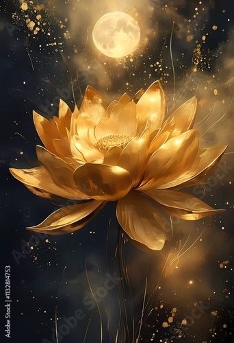 This digital artwork showcases a magnificent golden lotus flower blooming under a full moon. The intricate details of the flower petals and the soft glow of the moonlight create a captivating  