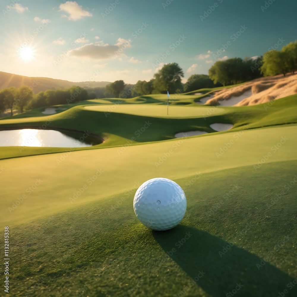 Fototapeta premium Pristine Golf Ball on a Scenic Golf Course at Sunset