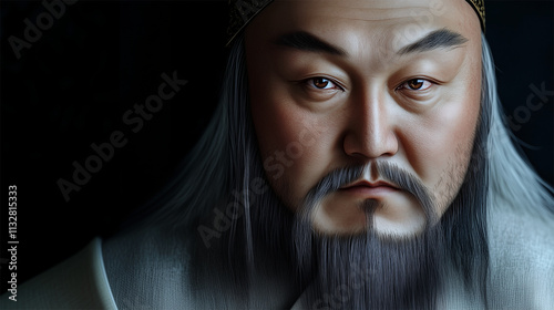 Genghis Khan facial reconstruction based on Yuan Dynasty silk portrait, historical figure.

