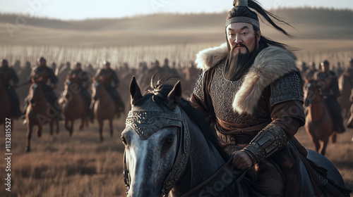 Genghis Khan leading Mongol cavalry into battle, historical reconstitution of 13th century warfare.
