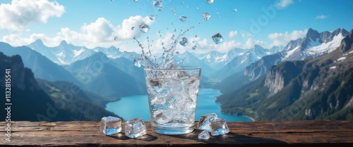 Water splashes from a clear glass filled with ice standing on a brown rustic table surrounded by breathtaking snowy mountains and a lake, copy space, saving nature concept