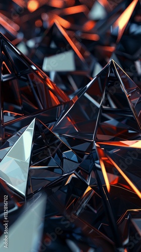 Abstract futuristic scene with black and red pyramidal shapes, possibly metal or glass, arranged intricately with red lighting for a dynamic effect. photo