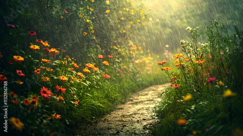 An Inviting Rain-Soaked Garden Enhancing the Rich Aroma of Wet Soil and Fresh Radiant Flowers beneath a Gentle Overcast Sky photo