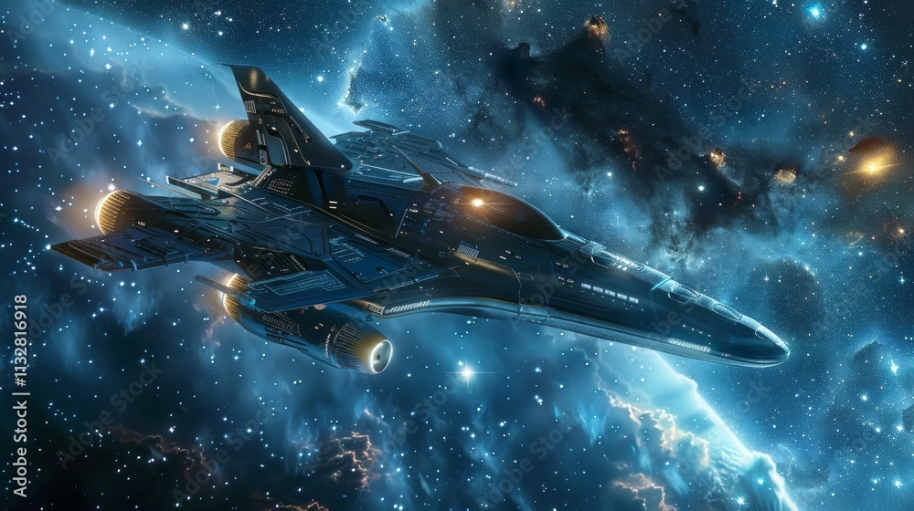 Fototapeta premium A dark gray spaceship flies through a starry universe with blue, white, and gold elements. Glowing engines, stars, and a sense of grandeur convey the vast beauty of space.