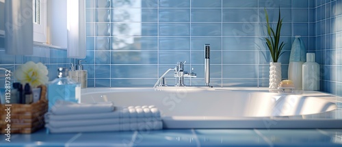 Stylish White and Blue Bathroom with Bathtub and Accessories photo