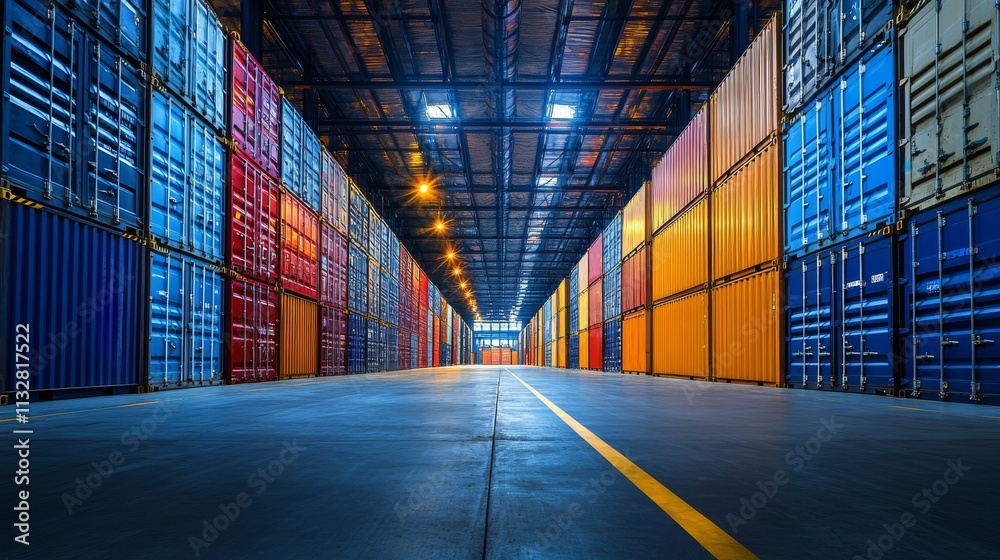 Fototapeta premium A vibrant warehouse filled with colorful shipping containers, showcasing a spacious aisle illuminated by overhead lights.