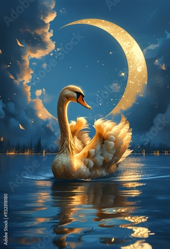 A graceful swan glides across a serene lake under a crescent moon, its feathers shimmering in the moonlight. The scene evokes a sense of tranquility and magic, with a distant city adding a touch   photo