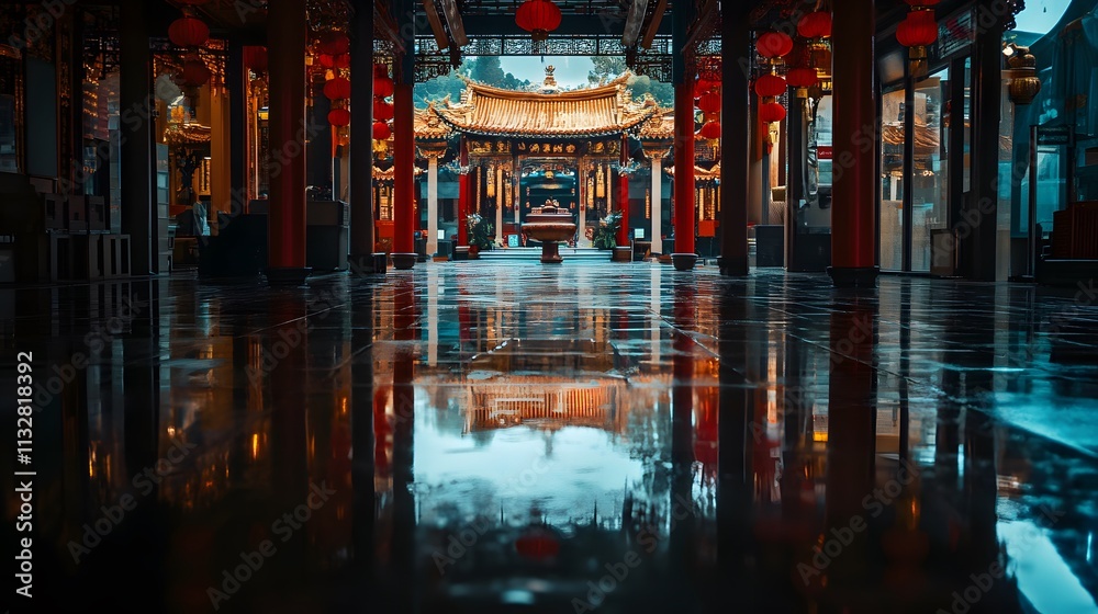 Obraz premium 75. The serene and reflective environment of a traditional Chinese temple during a Lunar New Year celebration