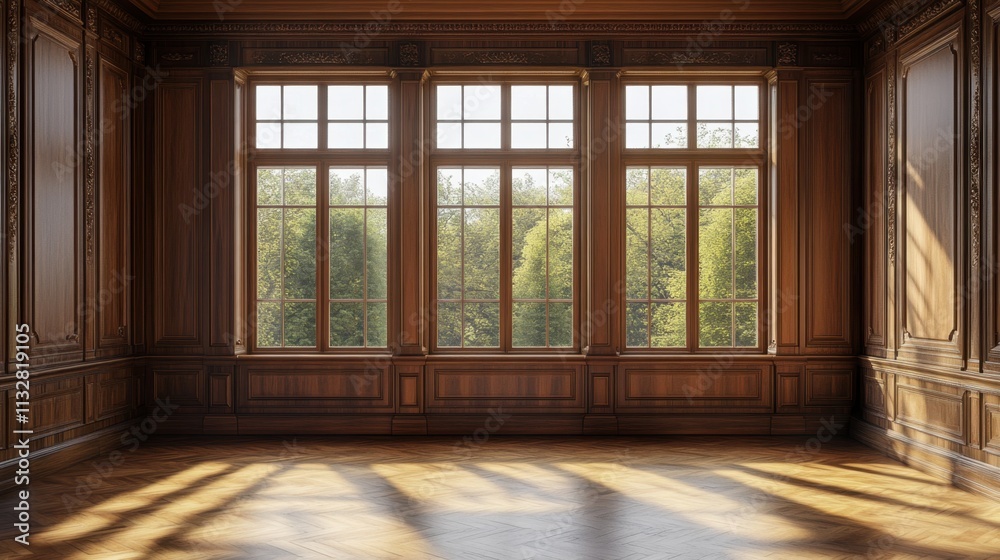 Fototapeta premium Elegant Wooden Interior with Large Windows and Natural Light