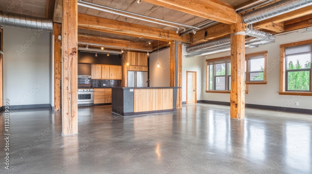 Fototapeta premium Modern Industrial Loft with Open Space and Wooden Beams in Kitchen