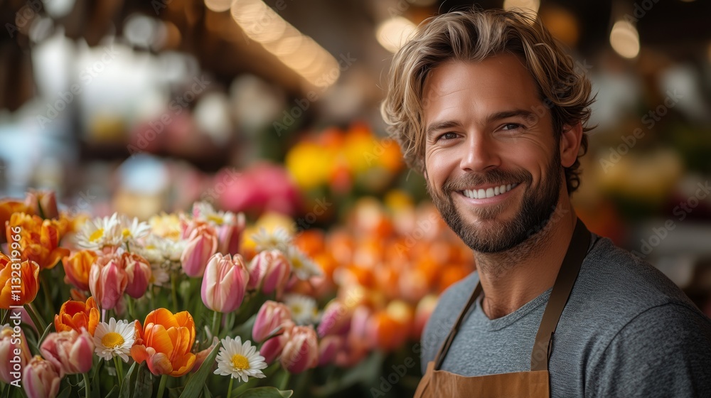 A cheerful florist stands amidst vibrant tulips and daisies, displaying an array of colorful blooms in a lively market. A cheerful florist stands amidst vibrant tulips and daisies, displaying an array of colorful blooms in a lively market.