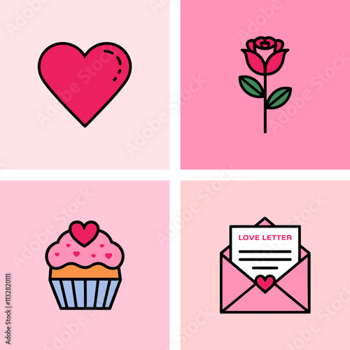 Vector illustration of a set Valentine's day cards, representing love and romance, including a heart, a rose, a cupcake, and a love letter envelope