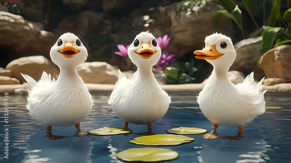 A clean white-style image of A photorealistic image of a serene countryside pond with ducks and lily pads. A clean white-style image of A photorealistic image of a serene countryside pond with ducks and lily pads.