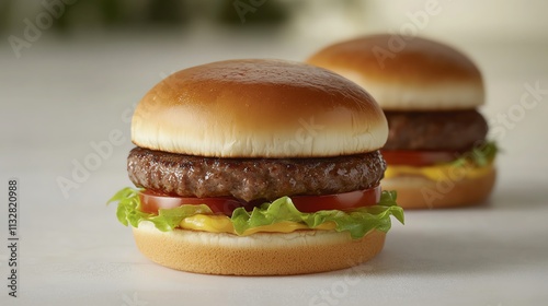 A delicious hamburger with a juicy patty, fresh lettuce, tomatoes, and cheese, placed on a soft pastel background, perfect for food advertising and design