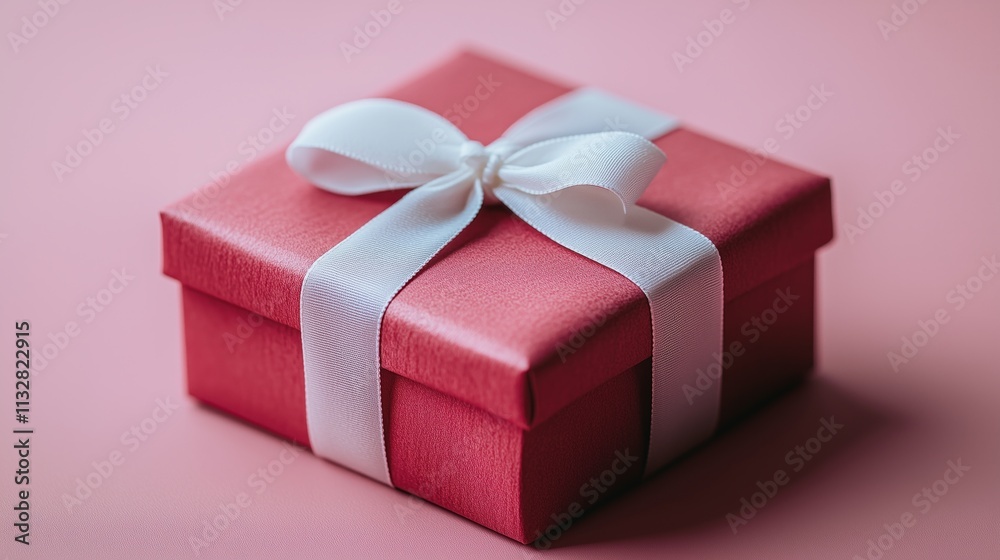 Fototapeta premium A red gift box tied with a white ribbon, set against a soft pink background, perfect for celebrations.