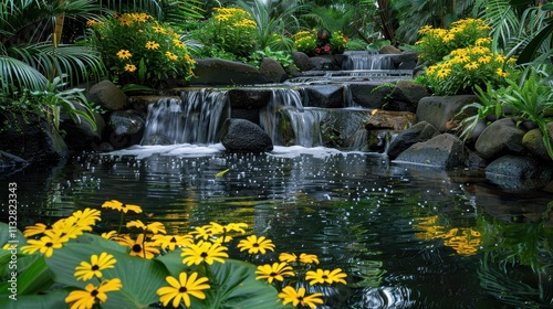 Serene Waterfall Cascades Through Lush Tropical Garden photo