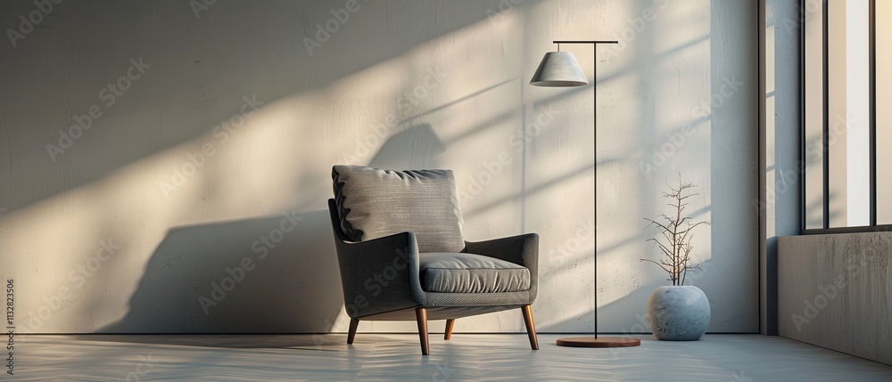 Fototapeta premium Modern Minimalist Living Room Interior with Charcoal Grey Armchair and Floor Lamp