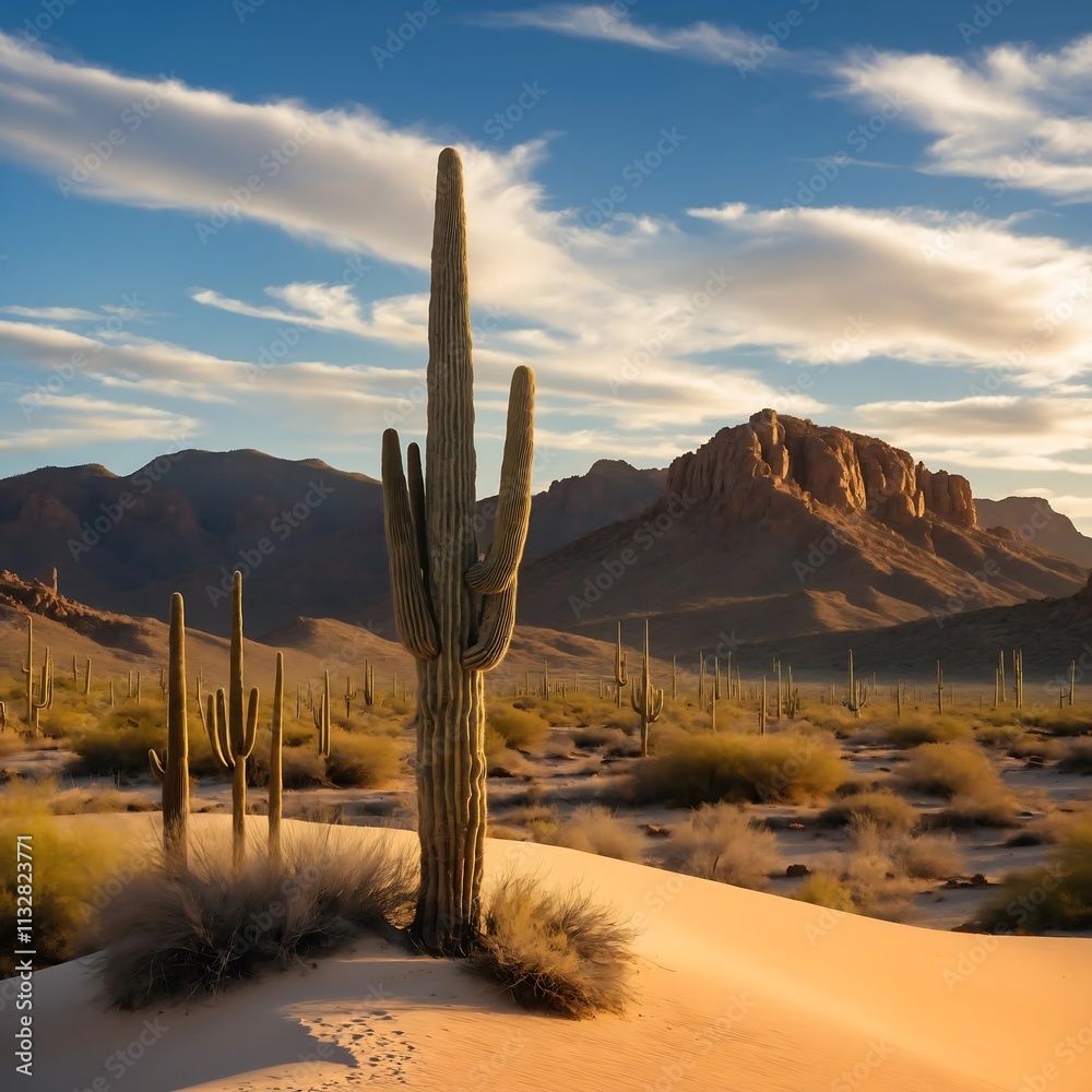 Obraz premium Stunning image of a towering Saguaro cactus at sunrise, standing prominently in a desert landscape