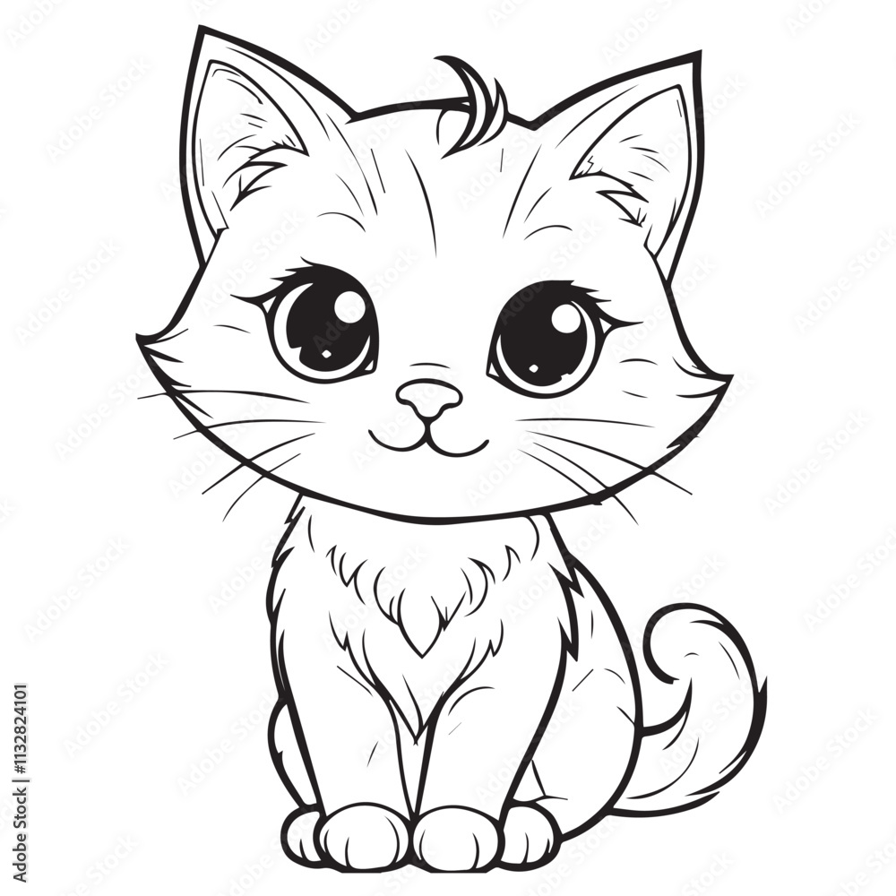 Cute Cartoon Cat, sitting with folded paws. Cute white kitten in cartoon style. Vector illustration. Hero figurine for children's products. coloring page. Cat vector for children to learn to coloring.