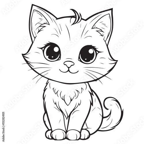 Cute Cartoon Cat, sitting with folded paws. Cute white kitten in cartoon style. Vector illustration. Hero figurine for children's products. coloring page. Cat vector for children to learn to coloring.