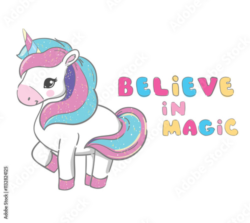 Hand Drawn Unicorn Cute Kids Illustration Vector, Trendy design for fashion graphics, t-shirt prints, posters, stickers