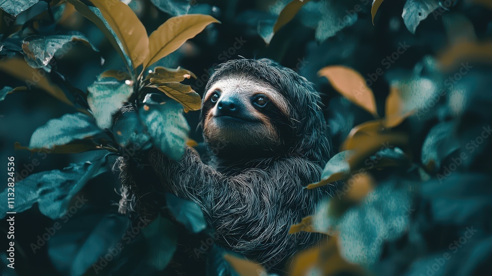 Fototapeta premium Curious sloth exploring lush green foliage in a tropical rainforest setting