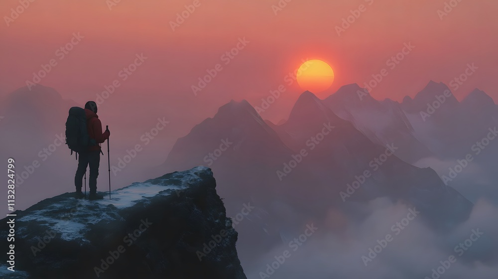 Fototapeta premium Majestic Sunrise Over Mountain Peaks with a Solo Hiker Gazing at the Horizon in a Stunning Landscape of Nature’s Beauty and Serenity